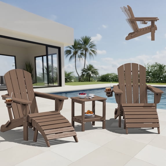 SERWALL 5PC Adjustable Folding Adirondack Chair and Ottoman and Double Side Table, HDPE Adirondack Chairs Set for Outdoor, Patio, Poolside, Garden, Brown