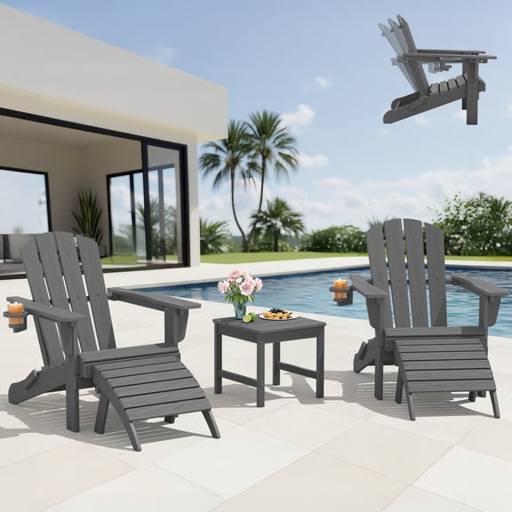 SERWALL 5PC Adjustable Folding Adirondack Chair and Ottoman and Side Table, HDPE Adirondack Chairs Set for Outdoor, Patio, Poolside, Garden, Gray