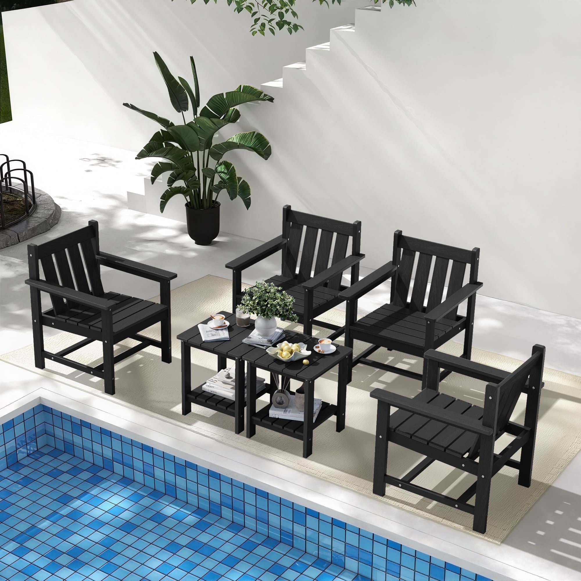 SERWALL 6 Piece Patio Furniture Set,HDPE Outdoor Furniture Bistro Set with Coffee Table for the Patio,Black