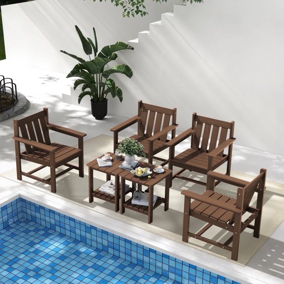 SERWALL 6 Piece Patio Furniture Set,HDPE Outdoor Furniture Bistro Set with Coffee Table for the Patio,Brown