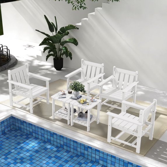 SERWALL 6 Piece Patio Furniture Set,HDPE Outdoor Furniture Bistro Set with Coffee Table for the Patio,White