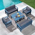 thumbnail image 1 of KINGYES 6 Pieces Outdoor Furniture Set, HDPE All Weather Use Conversation Couch Sets,2 Armchairs & 2 Loveseat & 2 Coffee Table for Patio Backyard, Blue Frame with Gray Cushions, 1 of 11