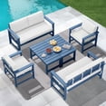 thumbnail image 1 of KINGYES 6 Pieces Outdoor Furniture Set, HDPE All Weather Use Conversation Couch Sets,2 Armchairs & 2 Loveseat & 2 Coffee Table for Patio Backyard, Blue Frame with Khaki Cushions, 1 of 10