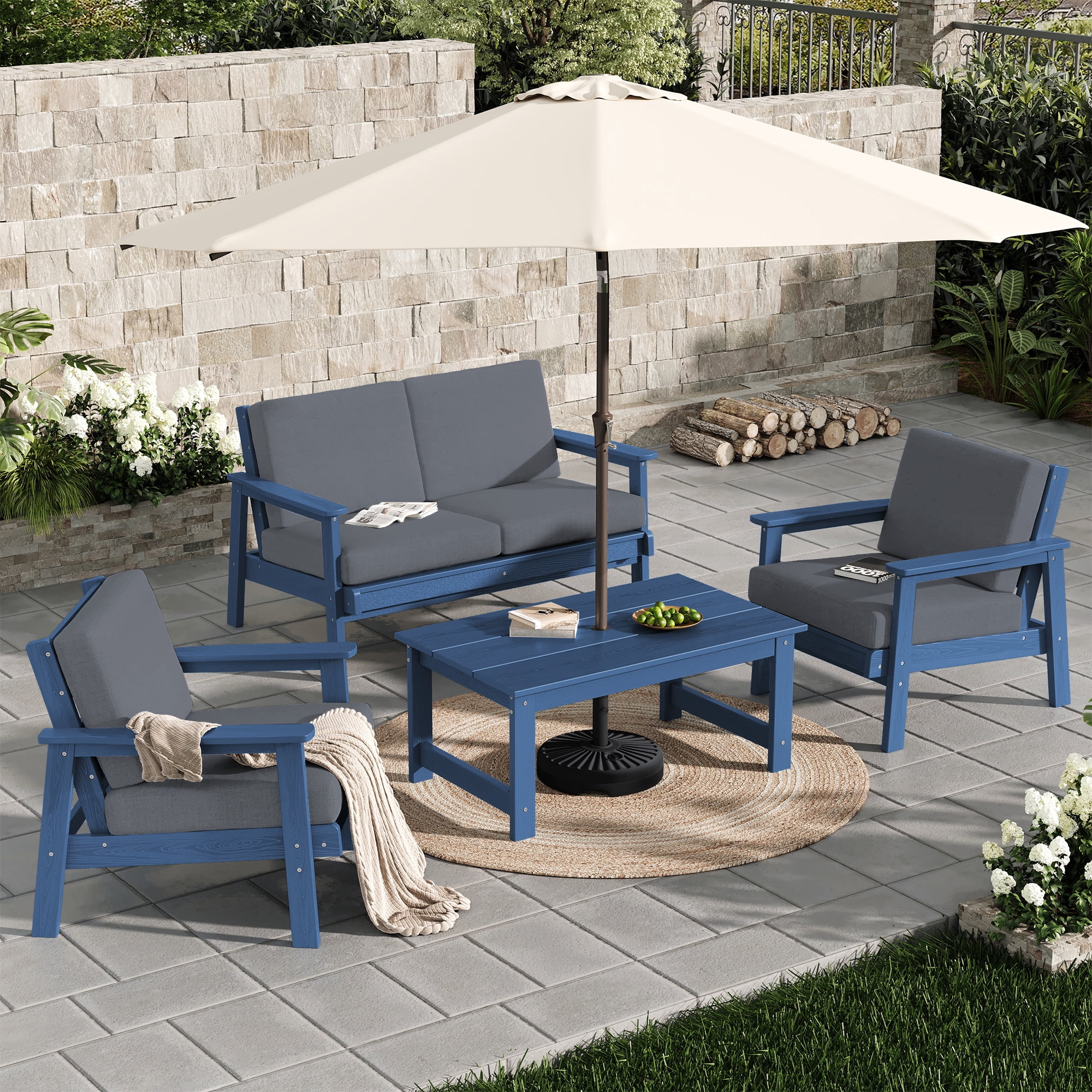 SERWALL 6 Pieces Outdoor HDPE Patio Furniture Set, Conversation Set with Cushions, 2 Armchairs & 1 Loveseat & 1 Coffee Table & 1 Umbrella for Poolside, Balcony, Porch & Backyard,Blue / Grey