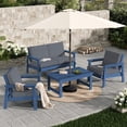 thumbnail image 1 of SERWALL 6 Pieces Outdoor HDPE Patio Furniture Set, Conversation Set with Cushions, 2 Armchairs & 1 Loveseat & 1 Coffee Table & 1 Umbrella for Poolside, Balcony, Porch & Backyard,Blue / Grey, 1 of 8