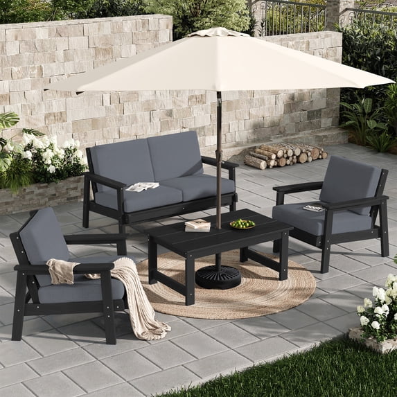 SERWALL 6 Pieces Outdoor HDPE Patio Furniture Set, Conversation Set with Cushions, 2 Armchairs & 1 Loveseat & 1 Coffee Table & 1 Umbrella for Poolside, Balcony, Porch & Backyard,Black / Grey