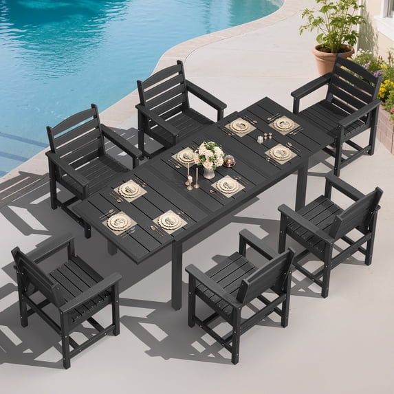 SERWALL 7-Piece Outdoor Dining Set with Expandable Patio Dining Table and 6 Chairs, 60–83 Inch All-Weather HDPE Patio Furniture Sets for Backyard, Garden, Deck, Poolside - Black
