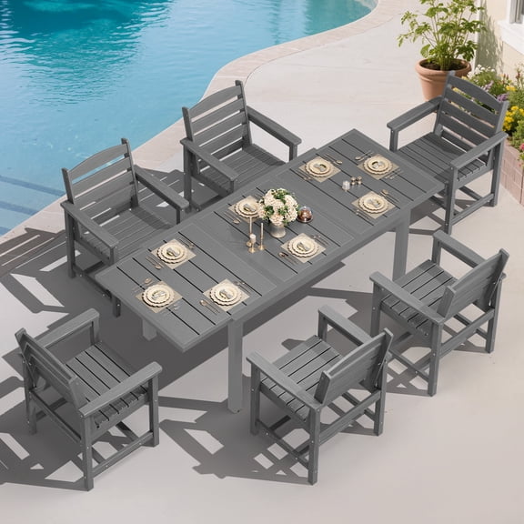 SERWALL 7-Piece Outdoor Dining Set with Expandable Patio Dining Table and 6 Chairs, 60–83 Inch All-Weather HDPE Patio Furniture Sets for Backyard, Garden, Deck, Poolside - Gray