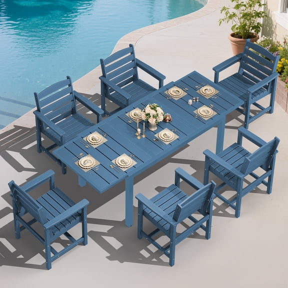 SERWALL 7-Piece Outdoor Dining Set with Expandable Patio Dining Table and 6 Chairs, 60–83 Inch All-Weather HDPE Patio Furniture Sets for Backyard, Garden, Deck, Poolside - Blue