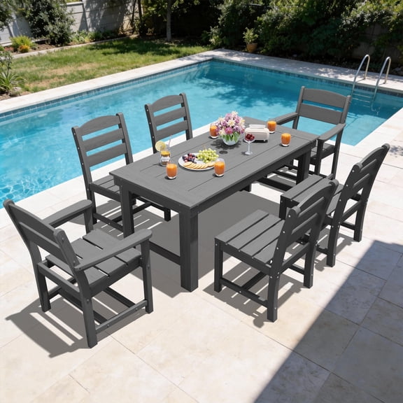 SERWALL 7-Piece HDPE Outdoor Dining Table Set, All-Weather 67-Inch Patio Table and 6 Armless Chairs for Deck, Lawn or Garden, Grey