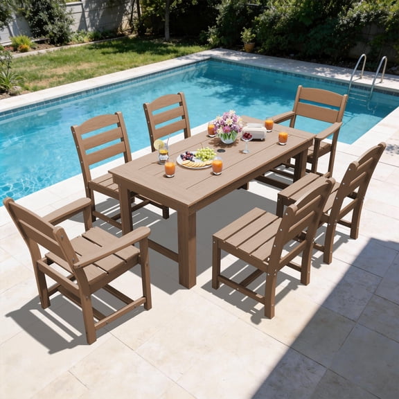 SERWALL 7-Piece HDPE Outdoor Patio Dining Set, All-Weather 67-Inch Table and 6 Armless Chairs for Deck, Lawn or Garden, Brown