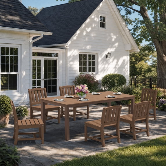 SERWALL 7-Piece Outdoor Dining Set , 75" HDPE All Weather Patio Dining Set for 6, Outdoor Table and Chairs with Umbrella Hole, Brown