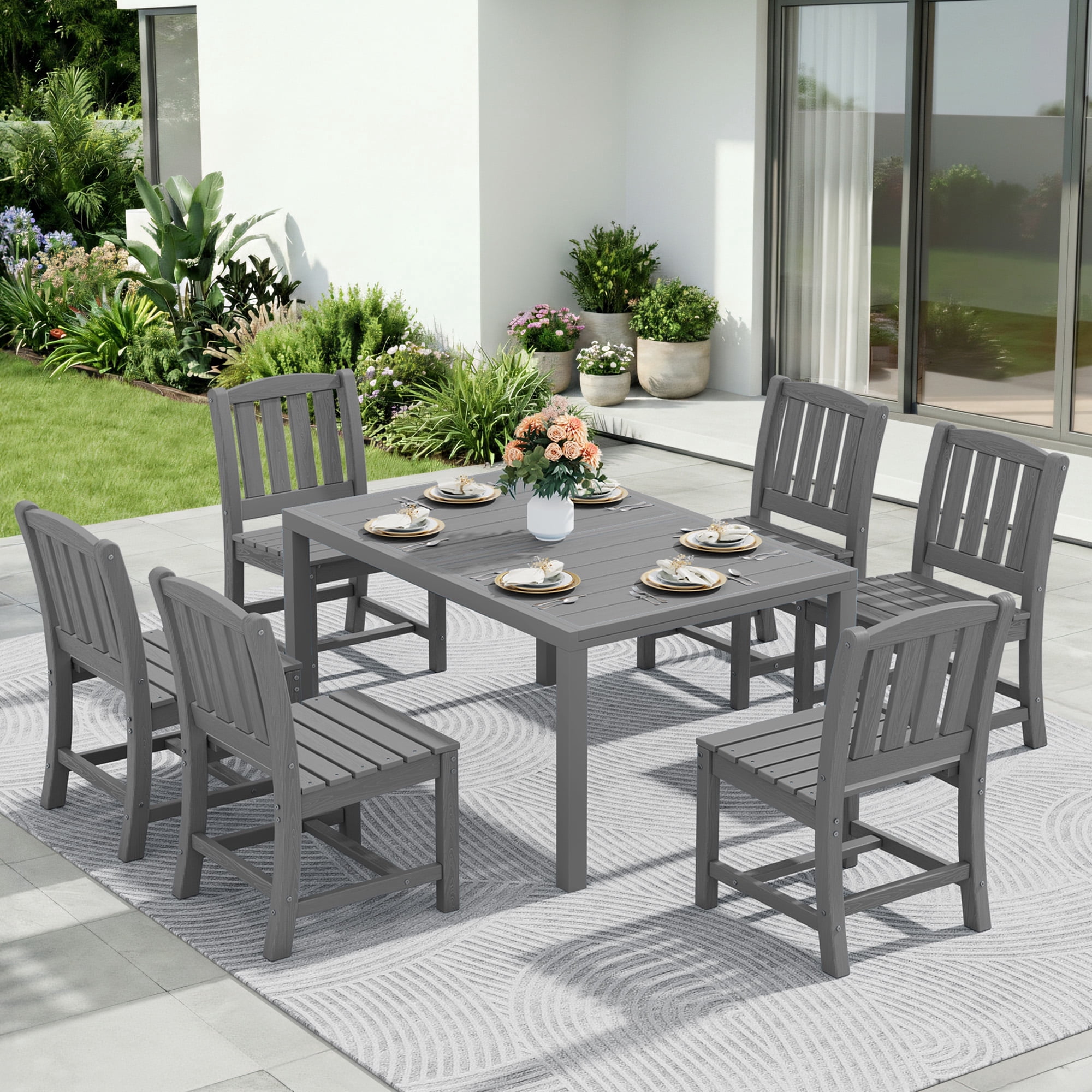 SERWALL 7-Piece Outdoor Dining Set with Expandable Patio Dining Table and 6 Chairs, 60–83 Inch All-Weather HDPE Patio Furniture Sets for Backyard, Garden, Deck, Poolside - Gray