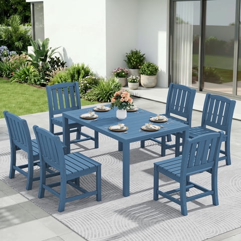 SERWALL 7-Piece Outdoor Dining Set with Expandable Patio Dining Table and 6 Chairs, 60–83 Inch All-Weather HDPE Patio Furniture Sets for Backyard, Garden, Deck, Poolside - Blue