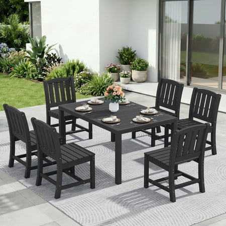 SERWALL 7-Piece Outdoor Dining Set with Expandable Patio Dining Table and 6 Chairs, 60–83 Inch All-Weather HDPE Patio Furniture Sets for Backyard, Garden, Deck, Poolside - Black