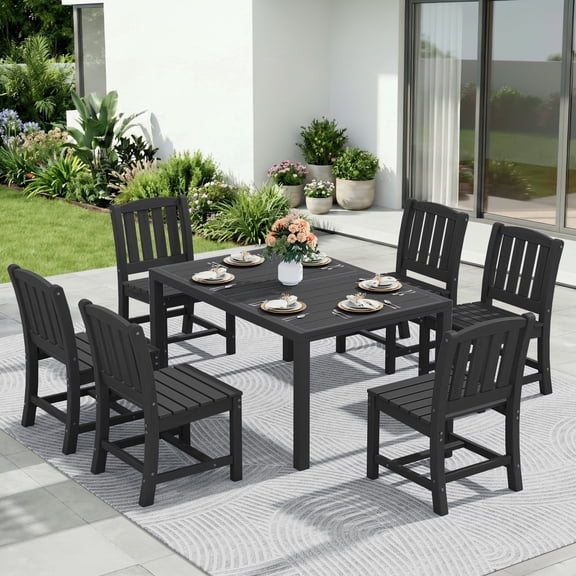 SERWALL 7-Piece Outdoor Dining Set with Expandable Patio Dining Table and 6 Chairs, 60–83 Inch All-Weather HDPE Patio Furniture Sets for Backyard, Garden, Deck, Poolside - Black