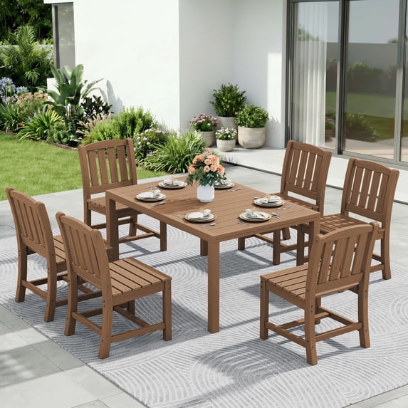 SERWALL 7-Piece Outdoor Dining Set with Expandable Patio Dining Table and 6 Chairs, 60–83 Inch All-Weather HDPE Patio Furniture Sets for Backyard, Garden, Deck, Poolside - Brown