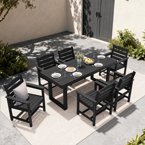 SERWALL 7-Piece Outdoor Patio Dining Set, All-Weather HDPE Table and Chairs, Rectangular Table with Umbrella Hole, Seats 6, Low Maintenance,Black