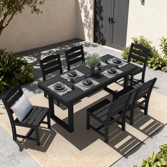 SERWALL 7-Piece Outdoor Patio Dining Set, All-Weather HDPE Table and Chairs, Rectangular Table with Umbrella Hole, Seats 6, Low Maintenance,Black