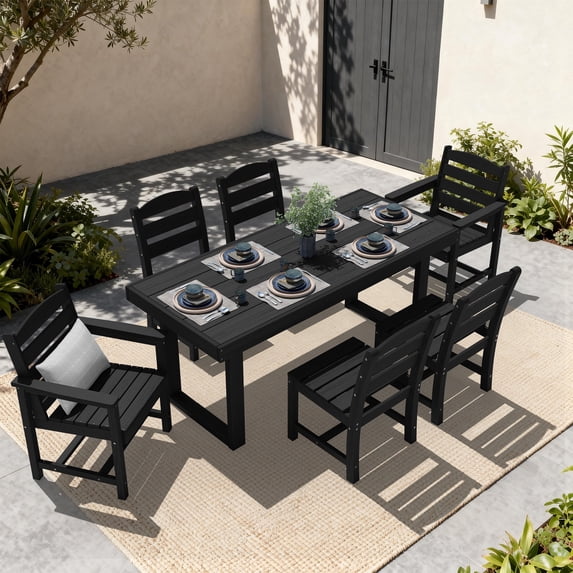 SERWALL 7-Piece Outdoor Patio Dining Set, All-Weather HDPE Table and Chairs, Rectangular Table with Umbrella Hole, Seats 6, Low Maintenance,Black