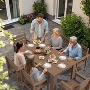 SERWALL 7-Piece Patio Dining Set, 59" Outdoor Dining Table with Umbrella Hole and 6 Chairs for Garden, Deck, Poolside, Brown