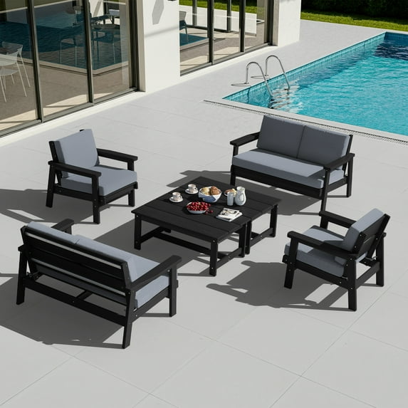 SERWALL 8PC Outdoor Conversation Set, All-Weather HDPE Patio Sofa Set with Cushions, 2 Armchairs, 2 Loveseats & 2 Coffee Table for Patio, Porch, Backyard, Black Frame with Grey Cushion