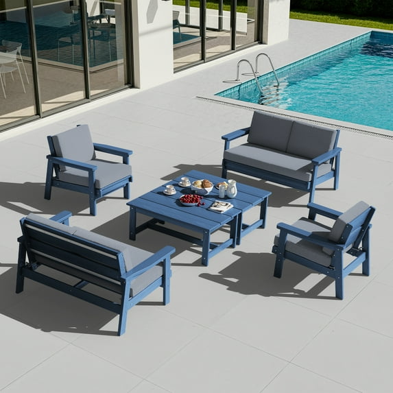SERWALL 8PC Outdoor Conversation Set, All-Weather HDPE Patio Sofa Set with Cushions, 2 Armchairs, 2 Loveseats & 2 Coffee Table for Patio, Porch, Backyard, Blue Frame with Grey Cushion