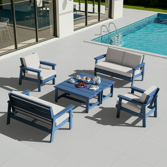 SERWALL 8PC Outdoor Conversation Set, All-Weather HDPE Patio Sofa Set with Cushions, 2 Armchairs, 2 Loveseats & 2 Coffee Table for Patio, Porch, Backyard, Blue Frame with Khaki Cushion