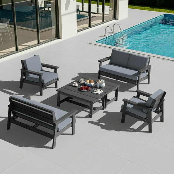 SERWALL 8PC Outdoor Conversation Set, All-Weather HDPE Patio Sofa Set with Cushions, 2 Armchairs, 2 Loveseats & 2 Coffee Table for Patio, Porch, Backyard, Grey Frame with Grey Cushion