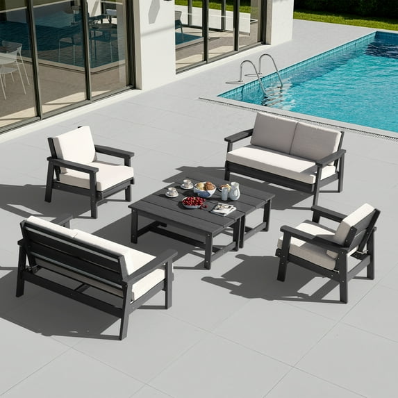 SERWALL 8PC Outdoor Conversation Set, All-Weather HDPE Patio Sofa Set with Cushions, 2 Armchairs, 2 Loveseats & 2 Coffee Table for Patio, Porch, Backyard, Grey Frame with Khaki Cushion