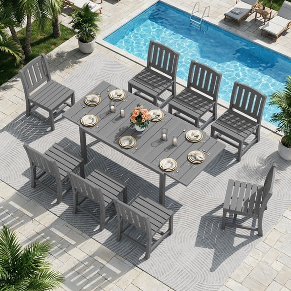 SERWALL 9-Piece Outdoor Dining Set with Expandable Patio Dining Table and 8 Chairs, 60–83 Inch All-Weather HDPE Patio Furniture Sets for Backyard, Garden, Deck, Poolside - Gray