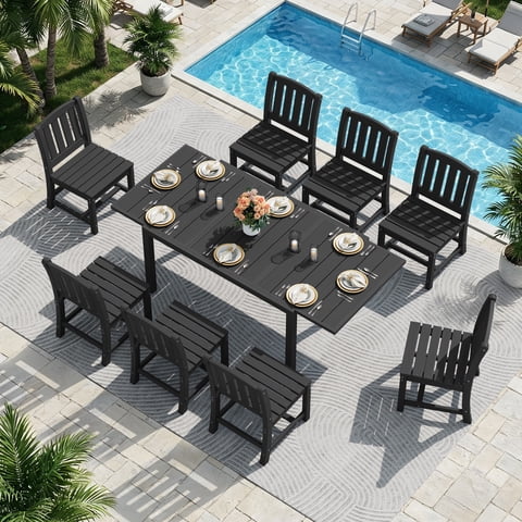SERWALL 9-Piece Outdoor Dining Set with Expandable Patio Dining Table and 8 Chairs, 60–83 Inch All-Weather HDPE Patio Furniture Sets for Backyard, Garden, Deck, Poolside - Black