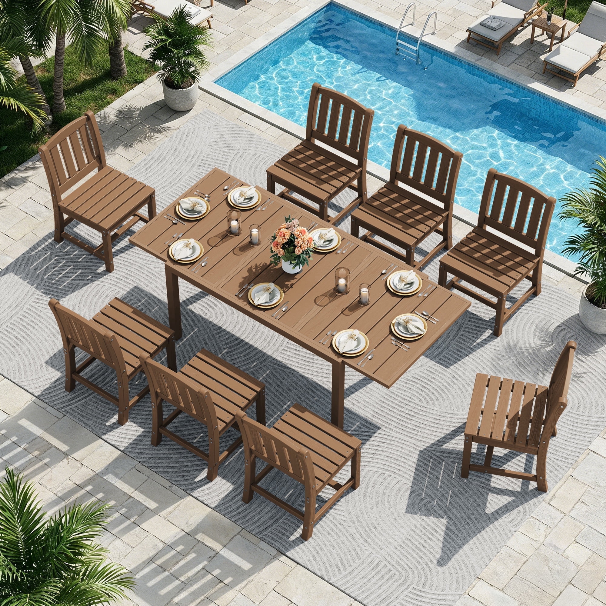 SERWALL 9-Piece Outdoor Dining Set with Expandable Patio Dining Table and 8 Chairs, 60–83 Inch All-Weather HDPE Patio Furniture Sets for Backyard, Garden, Deck, Poolside - Brown