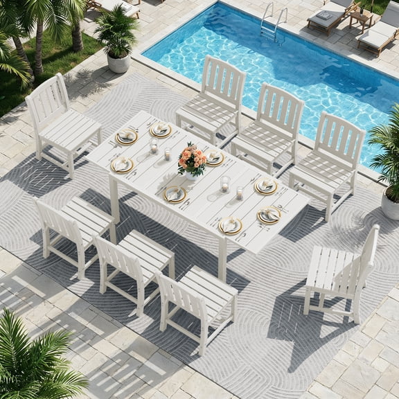 SERWALL 9-Piece Outdoor Dining Set with Expandable Patio Dining Table and 8 Chairs, 60–83 Inch All-Weather HDPE Patio Furniture Sets for Backyard, Garden, Deck, Poolside - White