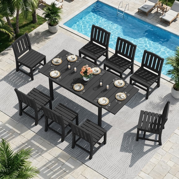 SERWALL 9-Piece Outdoor Dining Set with Expandable Patio Dining Table and 8 Chairs, 60–83 Inch All-Weather HDPE Patio Furniture Sets for Backyard, Garden, Deck, Poolside - Black