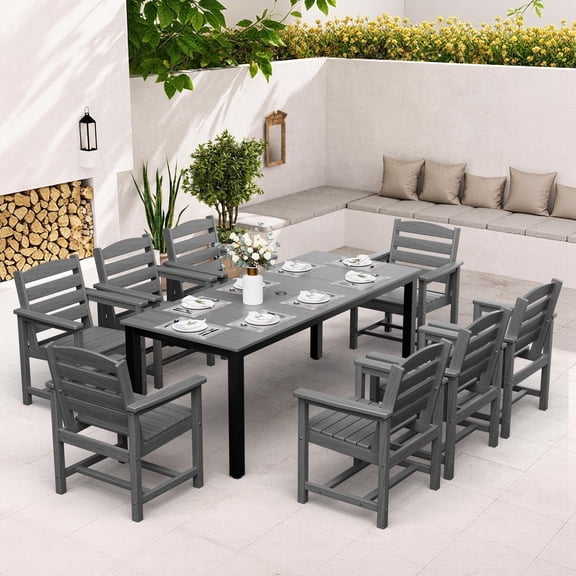 SERWALL 9-Piece Patio Dining Set , 75" HDPE All Weather Outdoor Dining Set for 8, Patio Table Set with Umbrella Hole for Backyard and Deck - Gray
