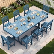 SERWALL 9 Pieces Outdoor Dining Set, Patio Dining Set, HDPE Outdoor Table and Chair with Umbrella Holes, (1 Table + 8 Armless Chair)