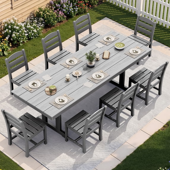 SERWALL 9 Pieces Outdoor Dining Set, Patio Dining Set, HDPE Outdoor Table and Chair with Umbrella Holes, (1 Table + 8 Armless Chair)