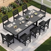 SERWALL 9 Pieces Outdoor Dining Set, Patio Dining Set, HDPE Outdoor Table and Chair with Umbrella Holes, Black (1 Table + 8 Armless Chair)