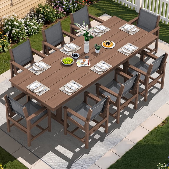 SERWALL 9 Pieces Outdoor Dining Set, Patio Dining Set, HDPE Outdoor Table and Chair with Umbrella Holes, Brown (1 Table + 8 Textilene Chairs)