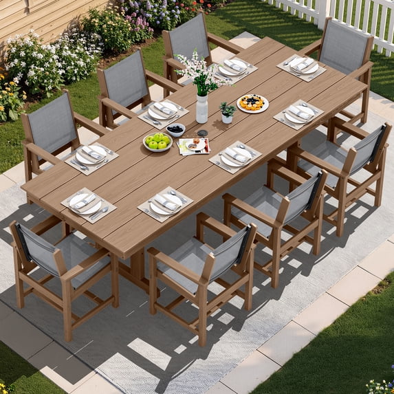 SERWALL 9 Pieces Outdoor Dining Set, Patio Dining Set, HDPE Outdoor Table and Chair with Umbrella Holes, (1 Table + 8 Breathable Textilene Chairs)