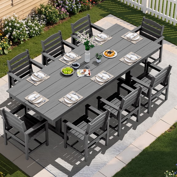 SERWALL 9 Pieces Outdoor Dining Set, Patio Dining Set, HDPE Outdoor Table and Chair with Umbrella Holes, (1 Table + 8 Chairs)