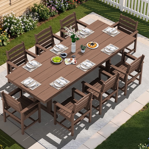 SERWALL 9 Pieces Outdoor Dining Set, Patio Dining Set, HDPE Outdoor Table and Chair with Umbrella Holes, Brown (1 Table + 8 Chairs)