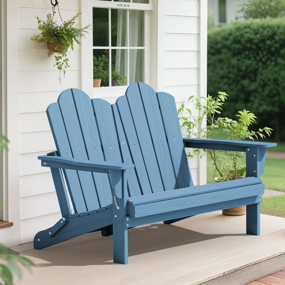 SERWALL Outdoor Bench , Folding Adirondack Bench ,HDPE All-Weather Adirondack Loveseat, for Park, Deck, Lawn, Garden,Blue