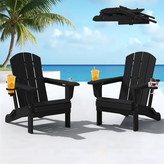 SERWALL Folding Adirondack Chair Set of 2 with Dual Cup Holders & Phone Holder, All-Weather HDPE Fire Pit Chairs for Outdoor, Patio, Poolside, Garden - Black