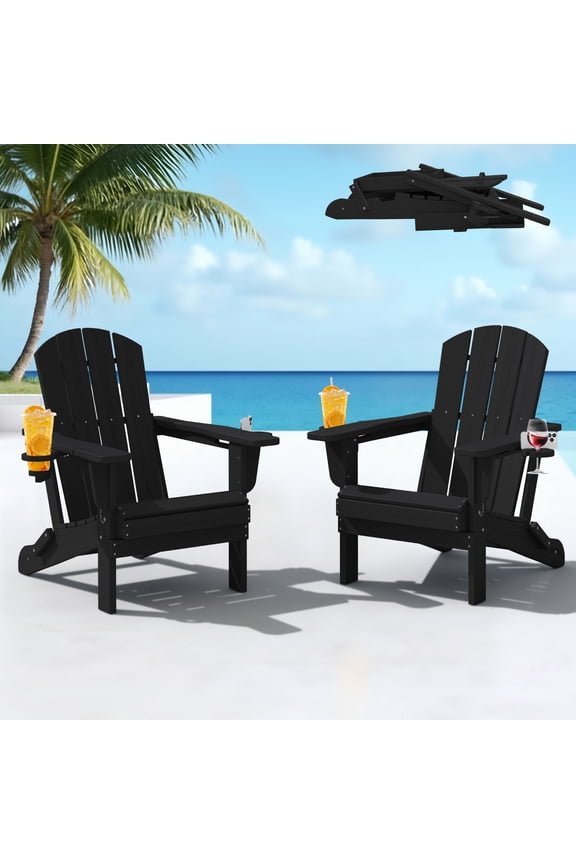 Folding Adirondack Chair Set of 2 with Dual Cup Holders & Phone Holder, All-Weather HDPE Fire Pit Chairs for Outdoor, Patio, Poolside, Garden - Black