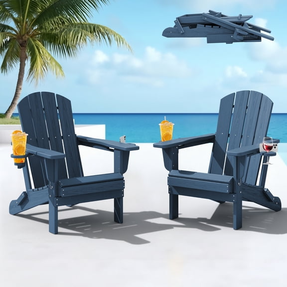 SERWALL Folding Adirondack Chair Set of 2 with Dual Cup Holders & Phone Holder, All-Weather HDPE Fire Pit Chairs for Outdoor, Patio, Poolside, Garden - Blue