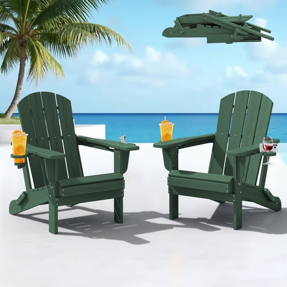 SERWALL Folding Adirondack Chair Set of 2with Dual Cup Holders & Phone Holder, All-Weather HDPE Fire Pit Chairs for Outdoor, Patio, Poolside, Garden - Green