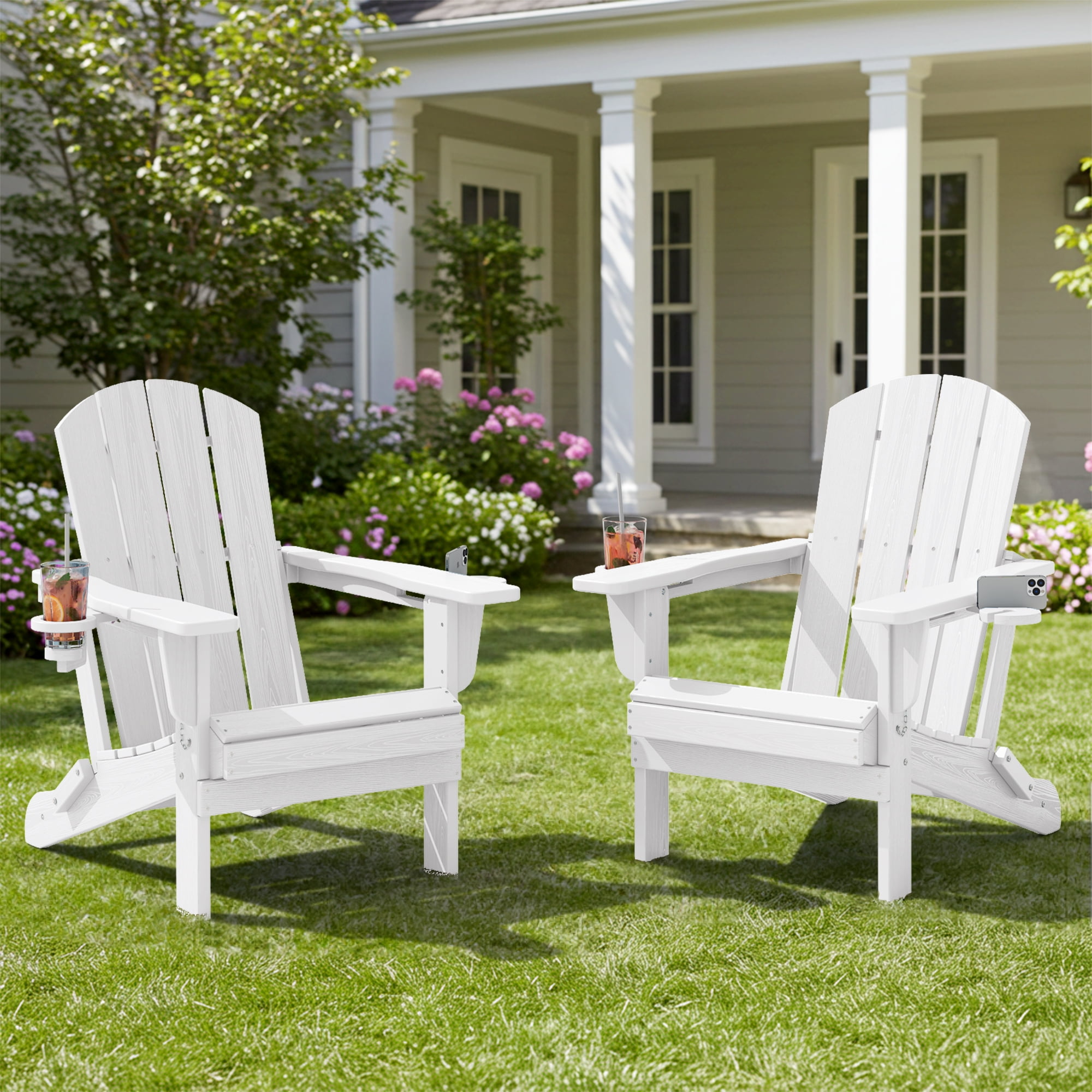 White HDPE Folding Adirondack Chairs with Cup Holders, Set of 2