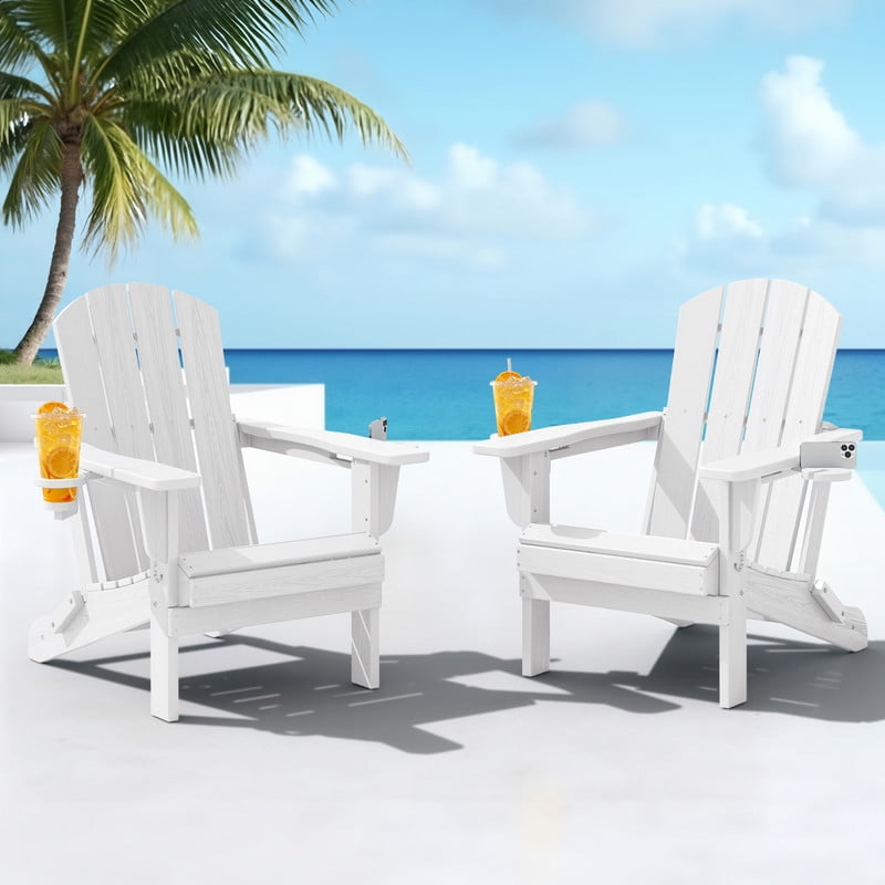 White HDPE Folding Adirondack Chairs with Cup Holders, Set of 2